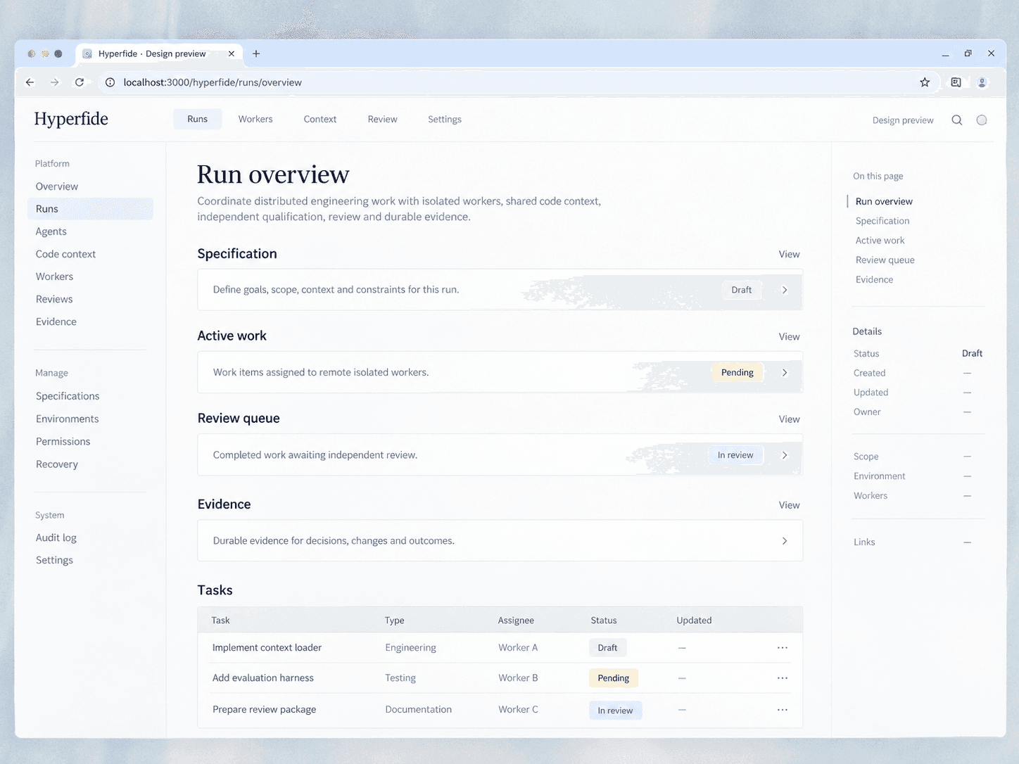 Hyperfide run overview: specification, active work, review queue and evidence