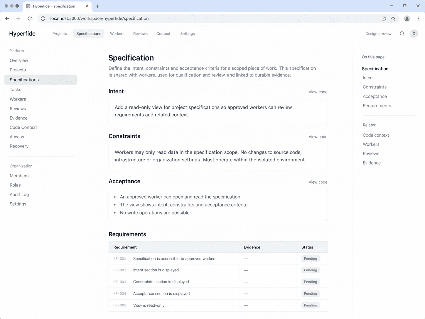 Specification workspace